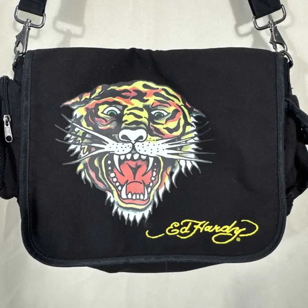 Vintage Ed Hardy Tiger Messenger Bag Y2K McBling Tattoo Graphic Black Crossbody